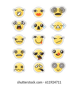 Set of cute lovely kawaii emoticon. Doodle cartoon face in childlike manga cartoon style. Flat vector icons. Sticker collection.