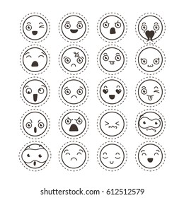 Set of cute lovely kawaii emoticon. Doodle cartoon face in childlike manga cartoon style. Flat vector icons. Sticker collection.