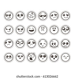 Set of cute lovely kawaii emoticon. Doodle cartoon face in childlike manga cartoon style. Flat vector icons. Sticker collection.