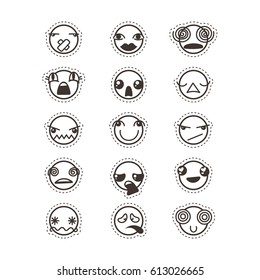 Set of cute lovely kawaii emoticon. Doodle cartoon face in childlike manga cartoon style. Flat vector icons. Sticker collection.