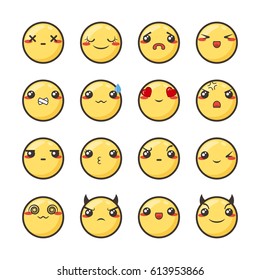 Set of cute lovely kawaii emoticon. Doodle cartoon face in childlike manga cartoon style. Flat vector icons.