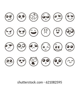 Set of cute lovely kawaii emoticon. Doodle cartoon face in childlike manga cartoon style.