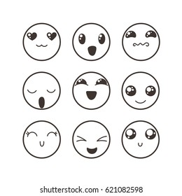 Set of cute lovely kawaii emoticon. Doodle cartoon face in childlike manga cartoon style.