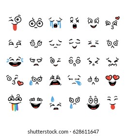 Set of cute lovely kawaii emoticon. Doodle cartoon face in childlike manga cartoon style.