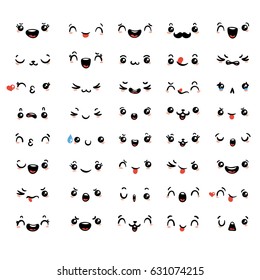 Set of cute lovely kawaii emoticon. Doodle cartoon face in childlike manga cartoon style.