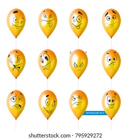 Set of cute lovely kawaii emoticon on yellow balloons. Vector illustration vector set.