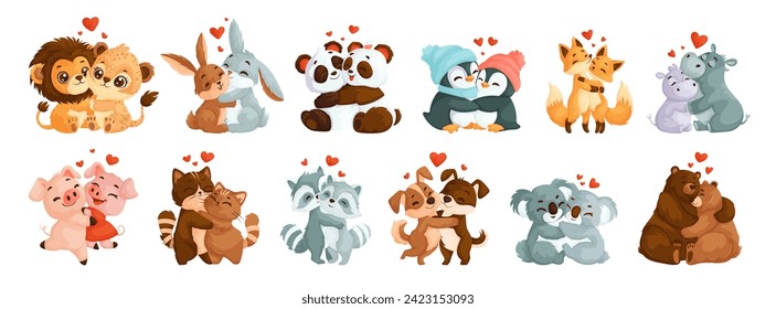 Set of cute, loving hugging animals. Lions, Hares, pandas, hippos, foxes, penguins, piglets, cats, dogs, raccoons, koalas and bears. Animal couples in love in cartoon style