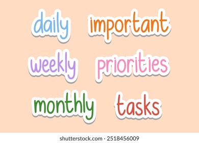 Set of Cute Lowercase Hand Drawn of Planner Sticker. Daily Tasks Hand Lettering Colorful Illustration Vector EPS 10 Collection