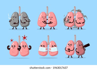 Set of cute lungs with various condition pose mascot design