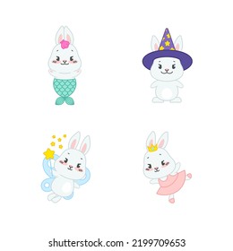 Set of cute magic bunnies. Flat cartoon illustrations of 4 little gray rabbits dressed witch costume, Santa costume, with mermaid tail and butterfly wings isolated on a white background. Vector 10 EPS