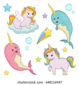 A set of cute magic fairy tale creatures illustrations. Unicorn with rainbow hair, pegasus on the cloud, narwhal unicorn whale fishes. Holiday and event decorations, design elements.