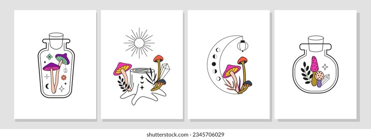 Un juego de afiches de hongos mágicos. Setas trippy y psicodélicas. Hongos en la luna. Buques mágicos. Resumen de fondo, pancarta, portada. Otoño retro vintage, otoño. 