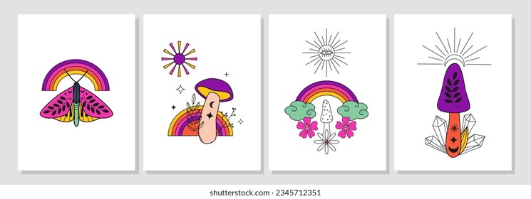 Un juego de afiches de hongos mágicos. Mariposa celestial psicodélica, arcos, lunas, sol, estrellas, cristales, flores. Resumen de fondo, pancarta, portada. Otoño retro vintage, otoño. 