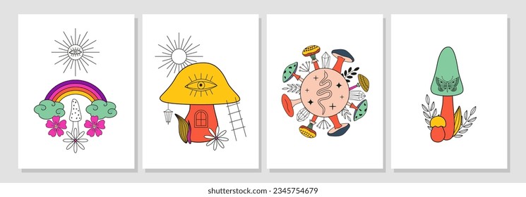 Un juego de afiches de hongos mágicos. Mariposa celestial, arcos, sol, estrellas, cristales, flores. Un cuento de hadas forestal. Resumen de fondo, pancarta, portada. Otoño retro vintage, otoño. 