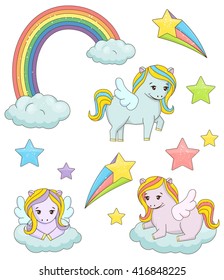 A set of cute magic pegasus fairy tale illustrations. Holiday and event decorations, design elements. Rainbow, clouds, stars.