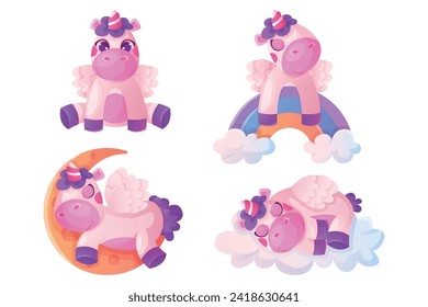 Set of cute magic unicorns with twisted horn, mane. Pony fairy tale and fictional character. Baby rainbow pegasus, funny small unicorn. Wonderland, fairytale mascot, magical creature, dream horse