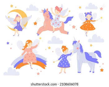 Set of cute magical fairies. Little characters with wings, unicorn, rainbow and moon. Design elements for printing on children clothing. Cartoon flat vector collection isolated on white background