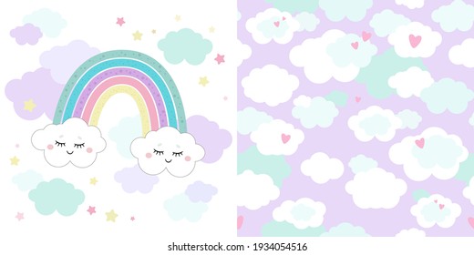 Set Of Cute Magical Rainbow And Seamless Pattern. Little Princess Theme. Vector Hand Drawn Illustration. Great For Kids Party, Greeting Card, Invitation, Print For Apparel, Nursery Room, Wallpaper