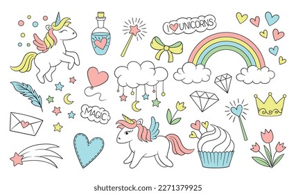 Set of cute magical stickers. Doodle badges with unicorn, rainbow, stars, clouds, hearts and lettering. Design elements for nersery room. Cartoon flat vector collection isolated on white background