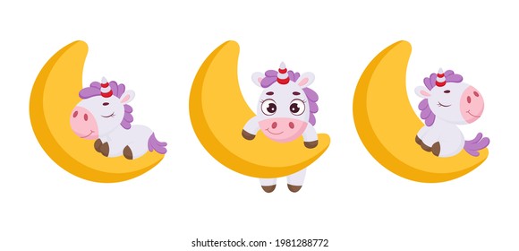Set of cute magical unicorn on moon. Funny magic unicorn cartoon character collection for print, cards, baby shower, invitation, wallpapers, decor. Stock vector illustration.