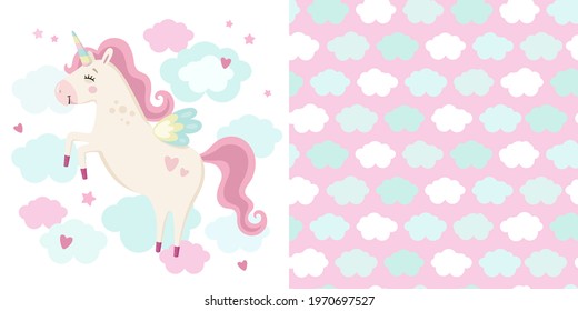Set of cute magical unicorn and seamless pattern. Little princess theme. Vector hand drawn illustration. Great for kids party, greeting card, invitation, print for apparel, nursery room, wallpaper 