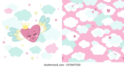 Set of cute magical unicorn and seamless pattern. Little princess theme. Vector hand drawn illustration. Great for kids party, greeting card, invitation, print for apparel, nursery room, wallpaper 