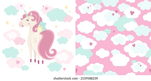 Set of cute magical unicorn and seamless pattern. Vector hand drawn illustration. Little princess theme. Great for kids party, greeting card, invitation, print for apparel, nursery room, wallpaper