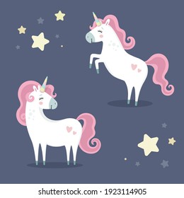 Set of cute magical unicorns. Little princess theme. Vector hand drawn illustration. Beautiful fantasy cartoon animals. Great for kids party, greeting card, invitation, print for apparel, nursery room