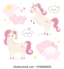 Set of cute magical unicorns. Little princess theme. Vector hand drawn illustration. Beautiful fantasy cartoon animals. Great for kids party, greeting card, invitation, print for apparel, nursery room