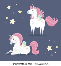 Set of cute magical unicorns. Little princess theme. Vector hand drawn illustration. Beautiful fantasy cartoon animals. Great for kids party, greeting card, invitation, print for apparel, nursery room