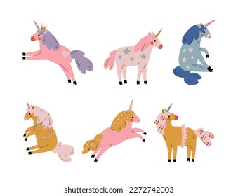 Set of cute magical unicorns. Lovely fairytale animals, design for card, sticker, textile, t-shirt cartoon vector illustration