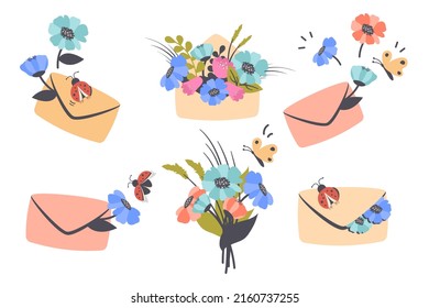 Set of cute mail envelope with greeting message, beautiful colorful flowers, butterfly, ladybug, lettering. Good news notification concept, communication. Vector cartoon illustration