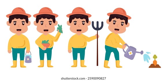 Set of cute man farmer activity. Vector illustration in flat style	