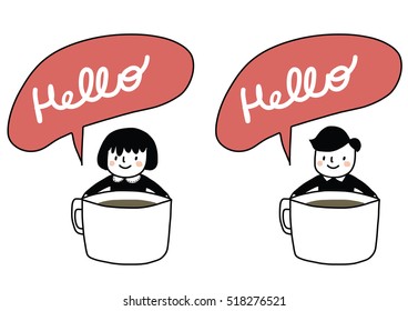Set of cute man and pretty woman embracing a big cup of coffee. Hello. Greeting message for morning or afternoon time. Vector illustration.