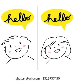 Set of cute man and cute woman saying Hello. Cheerful boy and happy girl saying hello to someone. Greeting message for morning or afternoon time. Vector illustration with doodle style.