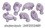 Set of cute manatees stickers. Adorable badges with smiling fur seals. Icons with ocean animals. Aquatic beasts ocean inhabitants. Cartoon vector illustration collection isolated on white background