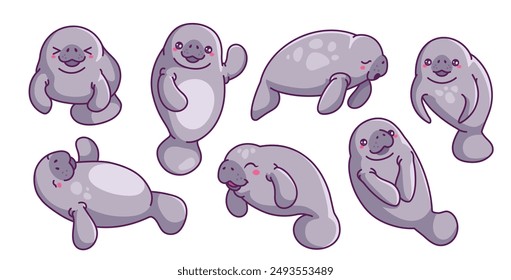 Set of cute manatees stickers. Adorable badges with smiling fur seals. Icons with ocean animals. Aquatic beasts ocean inhabitants. Cartoon vector illustration collection isolated on white background