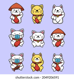 Set of cute maneki neko cat mascot design