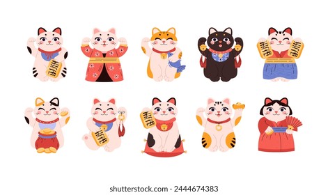 Set of cute maneki neko cats in different costumes flat style, vector illustration isolated on white background. Decorative design elements collection, traditional Japanese toy