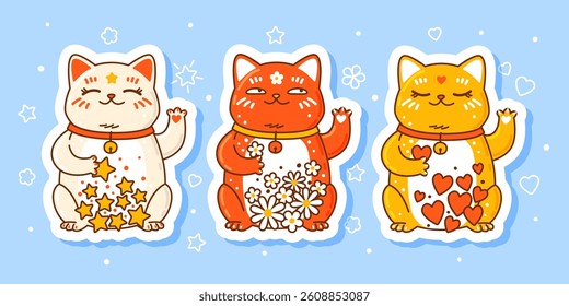 Set of cute сartoon maneki neko stickers - funny asian characters for Your kawaii design