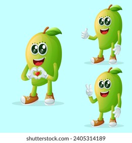 Set of cute mango characters making playful hand signs. Perfect for kids, merchandise and sticker, banner promotion or blog
