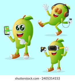 Juego de lindos personajes de mango y tecnología. Perfecto para niños, mercadería y pegatinas, promoción de banners o blog
