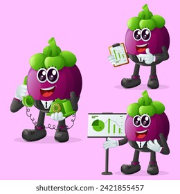 Set of cute mangosteen character at work. Perfect for kids, merchandise and sticker, banner promotion or blog
