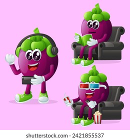 Set of cute mangosteen characters enjoying leisure activities. Perfect for kids, merchandise and sticker, banner promotion or blog
