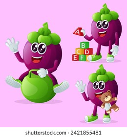 Set of cute mangosteen characters playing with kid toys. Perfect for kids, merchandise and sticker, banner promotion or blog
