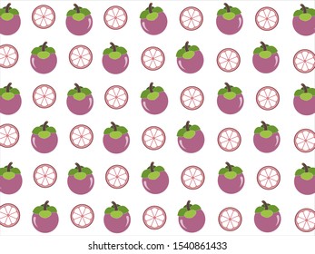 Set of cute mangosteen fruit with half slice pattern isolated on white background.Queen of fruits.Design for screen fruity backdrop ,Healthy food wallpaper.Vector.Illustration.