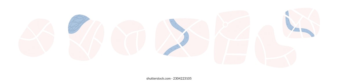 Set of cute maps with roads and rivers - cartoon flat vector illustration isolated on white background. Empty winter maps for kids and children.