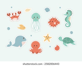 A set of cute marine animal stickers in cartoon style, featuring a whale, octopus, turtle, jellyfish, crab, and more. Perfect for kids, digital designs, and fun decorations.