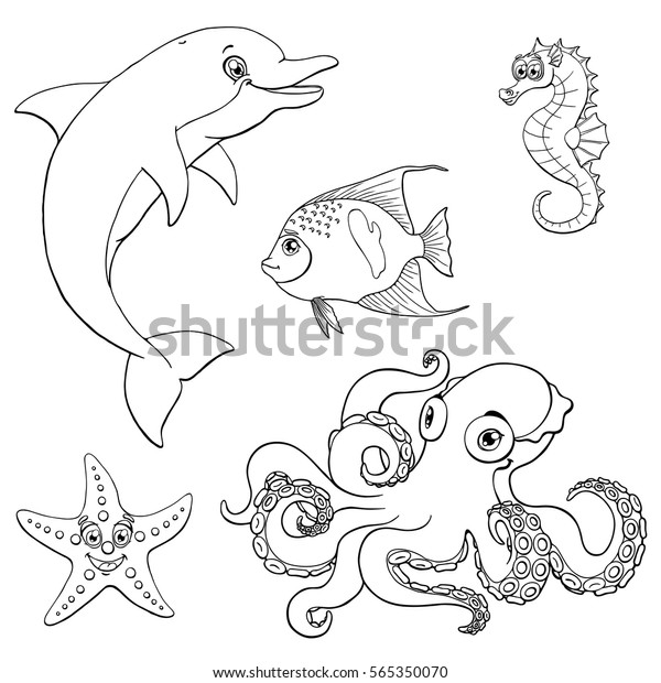 Set Cute Marine Animals Black Contour Stock Vector (Royalty Free) 565350070