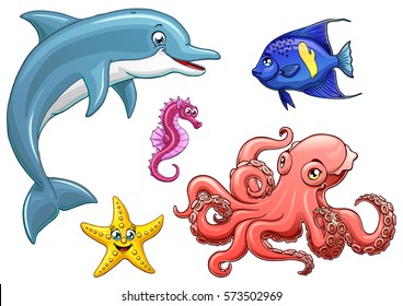 Set cute marine animals colorful on a white background isolated. Dolphin, octopus, sea horse, star fish and arabian angel. Vector cartoon illustration. Manual sketch.